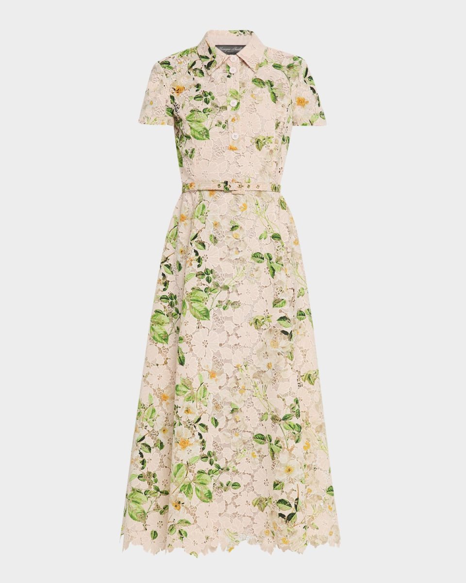 Printed Lace Belted Midi Polo Shirtdress